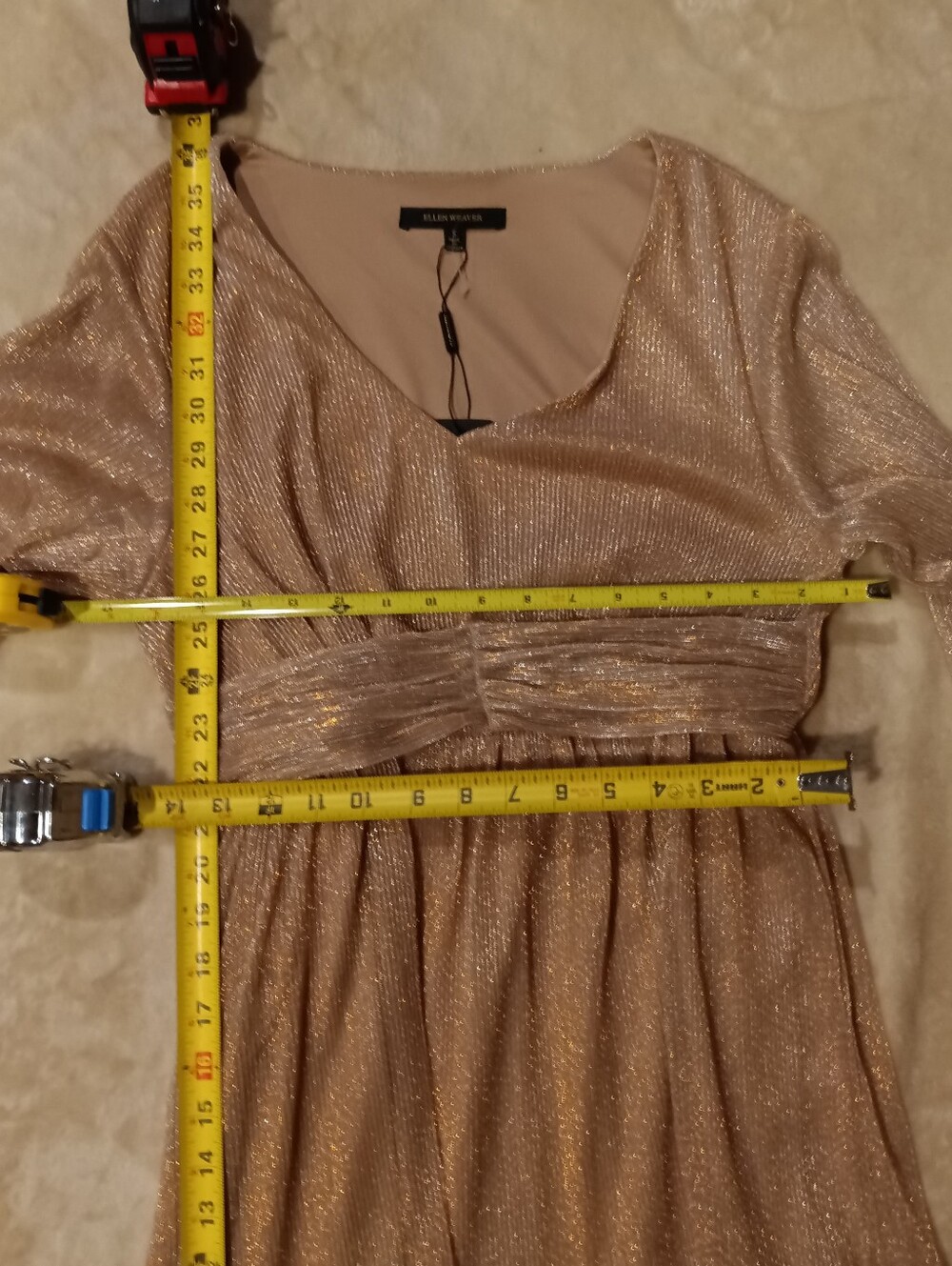 Ellen Weaver NWT Metallic Shimmer Rose Gold Tiered Long-Sleeve Dress Sz S - Picture 2 of 5